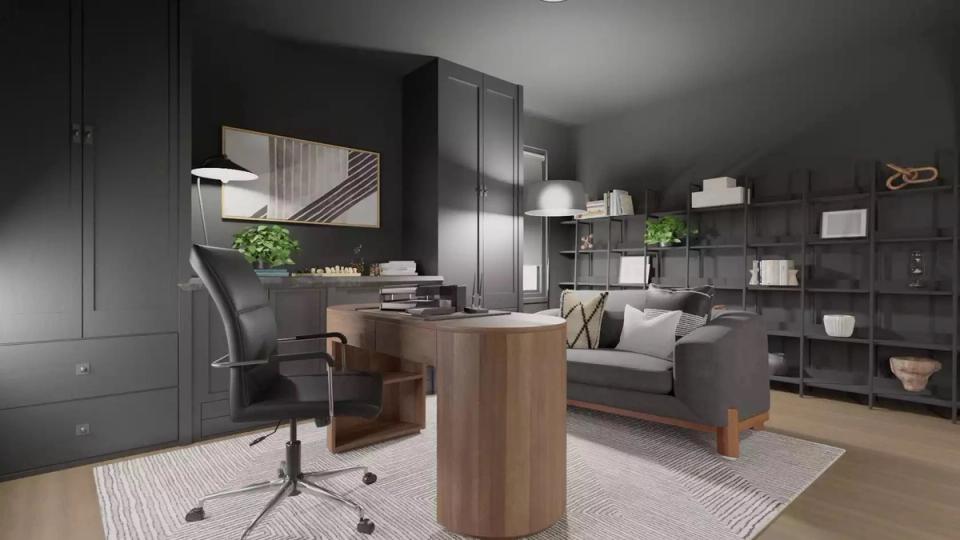 Sophisticated dark workspace with black cabinetry, warm wood elements, and minimalist academic aesthetic