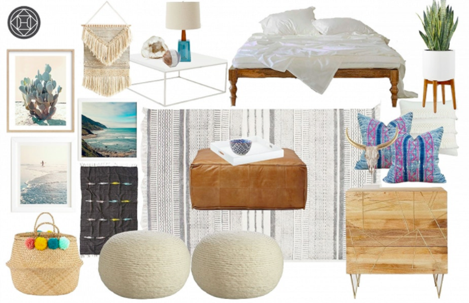 Eclectic zen bedroom mood board mixing natural textures, warm wood tones, soft blues, and woven elements for peaceful retreat