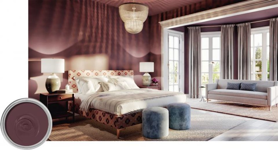 Glamorous bedroom with rich plum walls, jewel-toned velvet seating, and soft warm lighting creating opulent atmosphere