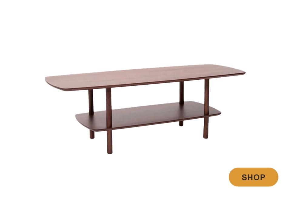 Mid-century modern tiered coffee table with warm wood and brushed metal frame