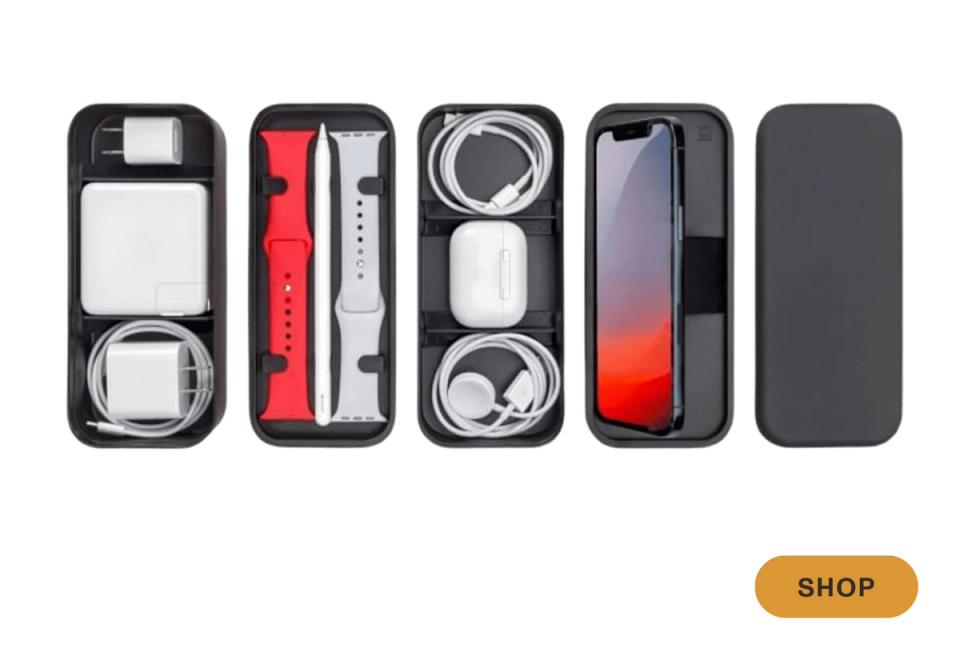 Organized tech cable organizer in black with red accent details