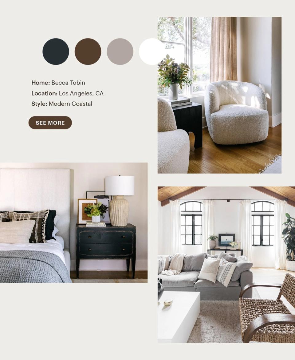 Modern coastal palette with navy, warm brown, and soft gray creating serene, light-filled living spaces with natural textures and neutral furnishings.