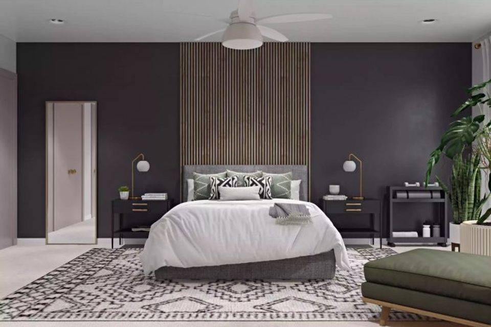 Contemporary bedroom featuring dramatic charcoal black walls, natural wood slat headboard, neutral bedding, and geometric floor pattern