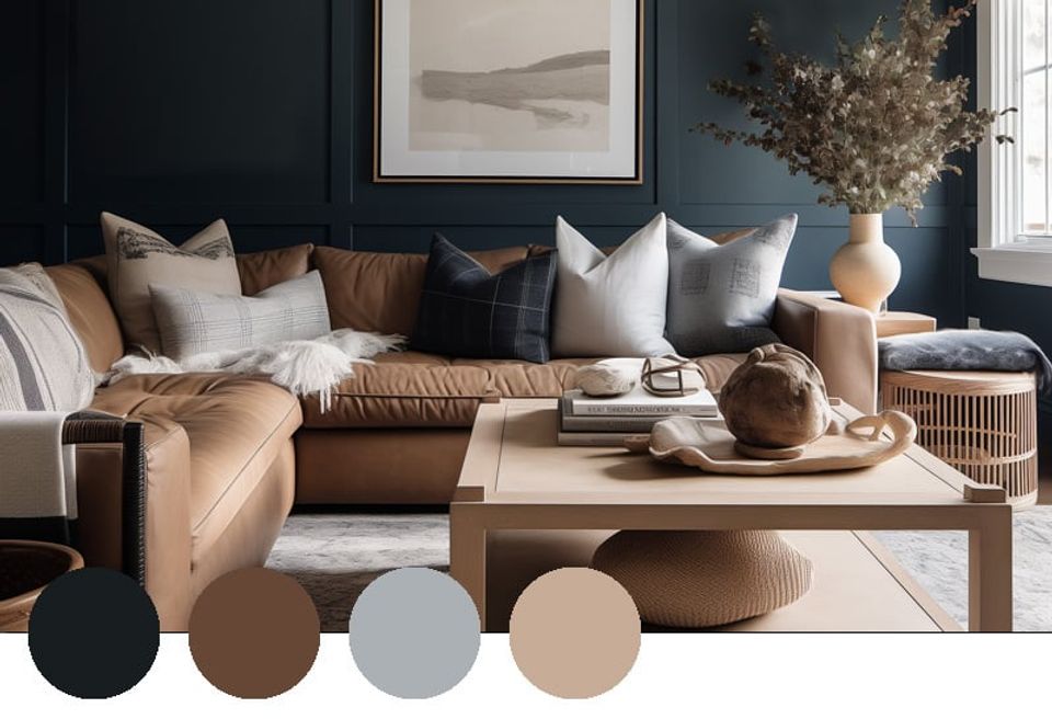 Contemporary living room mixing moody navy walls with warm cognac leather and soft neutral textiles