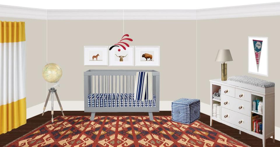 Warm Southwestern nursery with geometric terracotta rug, gray crib, and mustard yellow accents