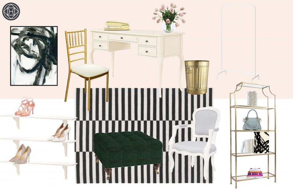 Chic workspace featuring black-and-white striped rug, vintage vanity, botanical art, and soft blush tones with brass accents