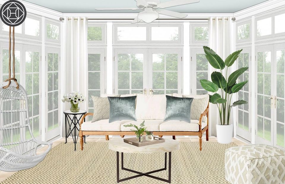 Minimalist sunroom design with natural wood frame sofa, potted plants, light-filled windows, calm aesthetic