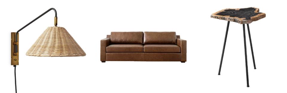 Mid-century modern pieces: arc lamp, cognac leather sofa, and minimalist side table