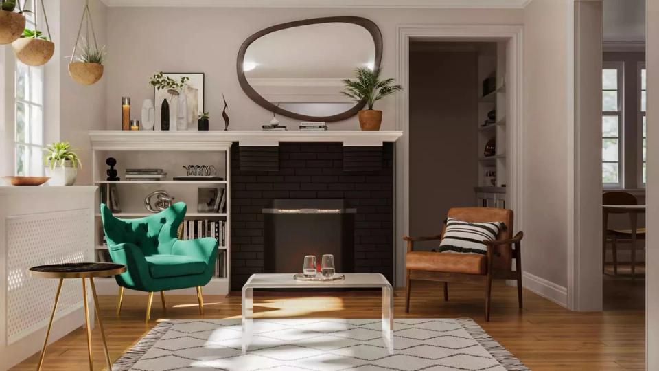 Contemporary living space combining emerald green chair, warm wood flooring, and organic oval mirror above dark media console