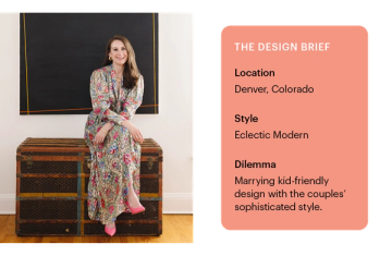 Designer portrait with design brief: eclectic modern style merging sophisticated taste with kid-friendly living