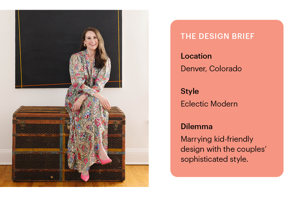 Designer portrait with design brief: eclectic modern style merging sophisticated taste with kid-friendly living