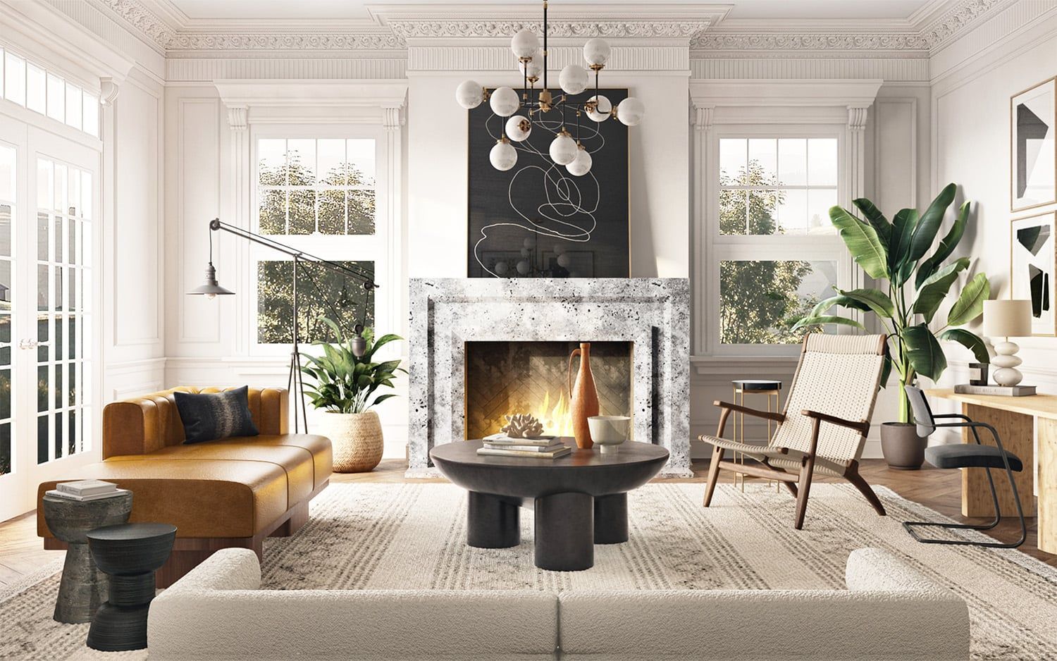 Scandinavian living room with contrasting black sculptural fireplace and warm mid-century furnishings in cream and caramel tones