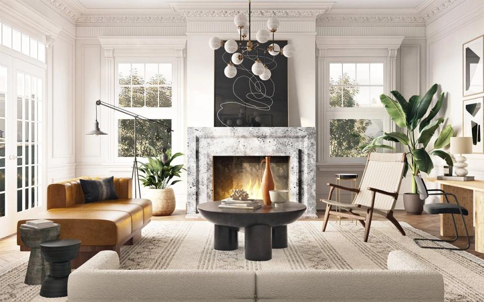 Scandinavian living room with contrasting black sculptural fireplace and warm mid-century furnishings in cream and caramel tones