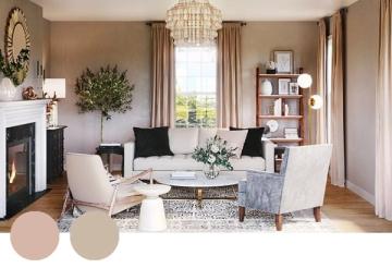 Warm traditional living room with soft beige and taupe tones, cream furnishings, and natural textures creating a calm, elegant aesthetic.