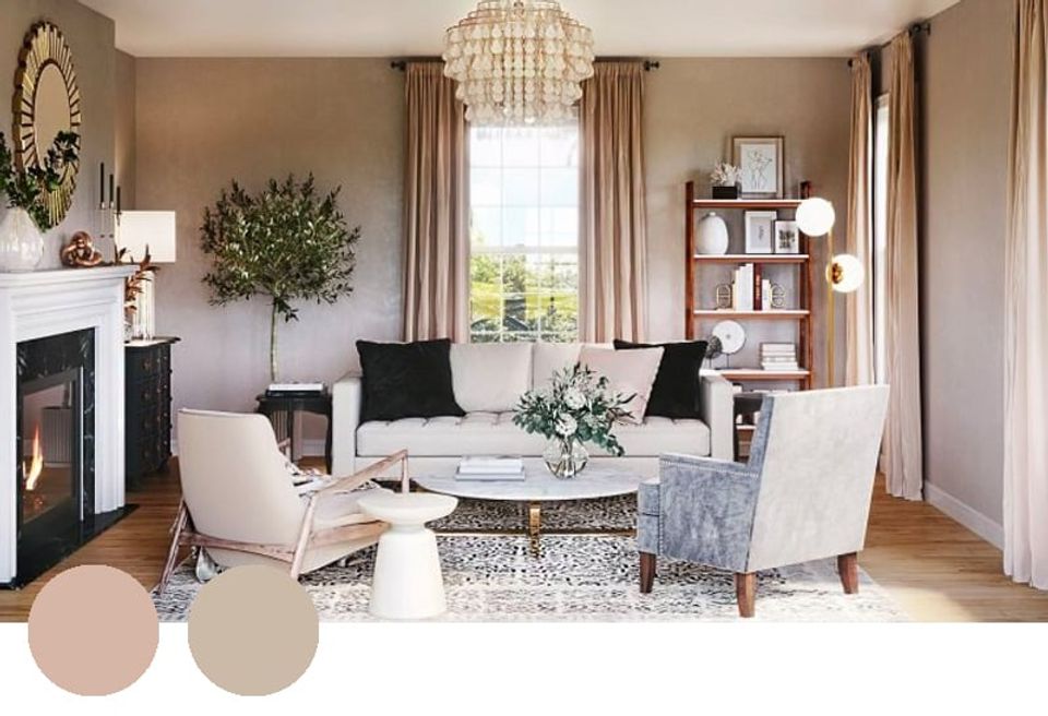 Warm traditional living room with soft beige and taupe tones, cream furnishings, and natural textures creating a calm, elegant aesthetic.