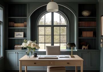 Sophisticated home office with deep teal built-ins, arched window, warm wood desk, and brass accents creating a moody, classic aesthetic.