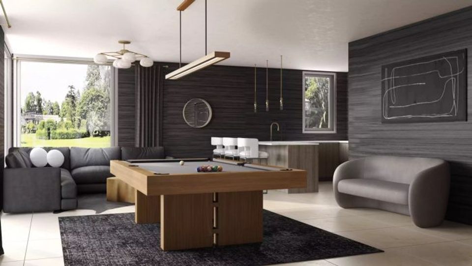 Contemporary kitchen and lounge with black shiplap accent wall, warm wood cabinetry, floating shelves, and minimalist lighting for sophisticated contrast.