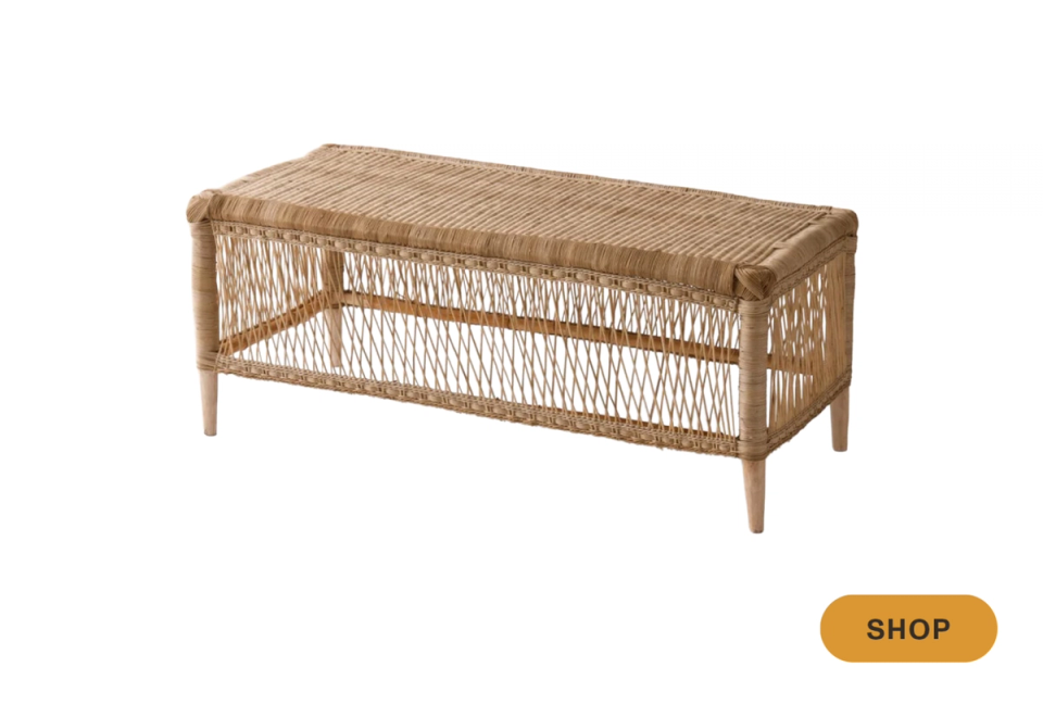 Coastal woven rattan bench with natural tan finish and open lattice sides, light and airy aesthetic