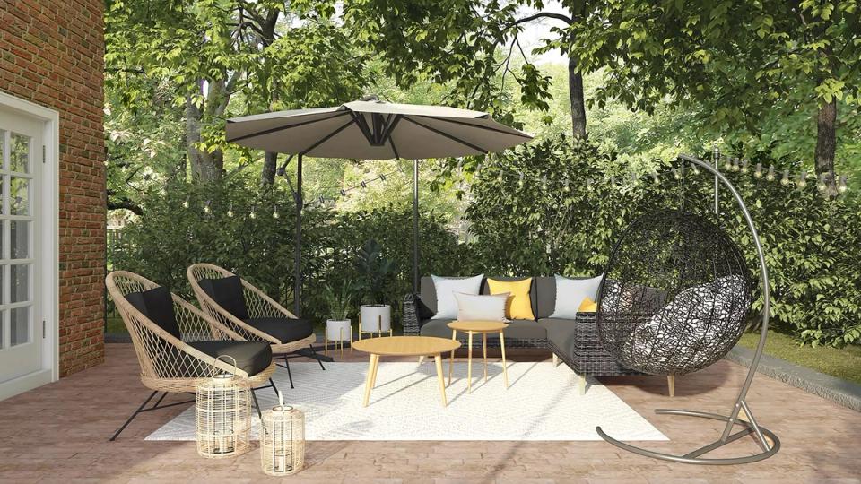Eclectic backyard retreat mixing woven seating, natural textures, and vibrant accent colors in relaxed bohemian style.