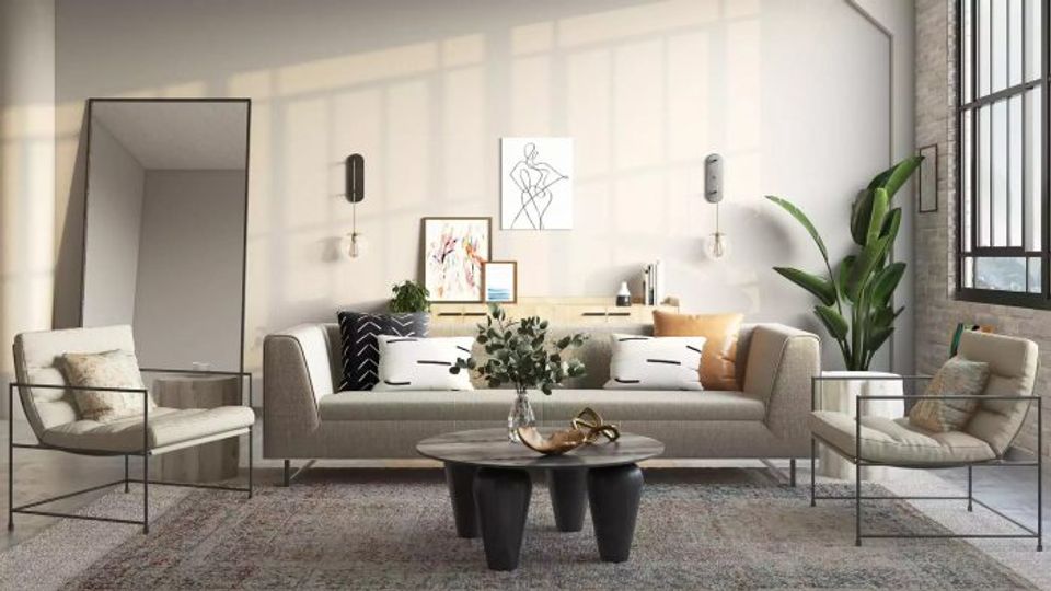 Soft minimalist living space with neutral tones, floating sconces, and organic sculptural elements