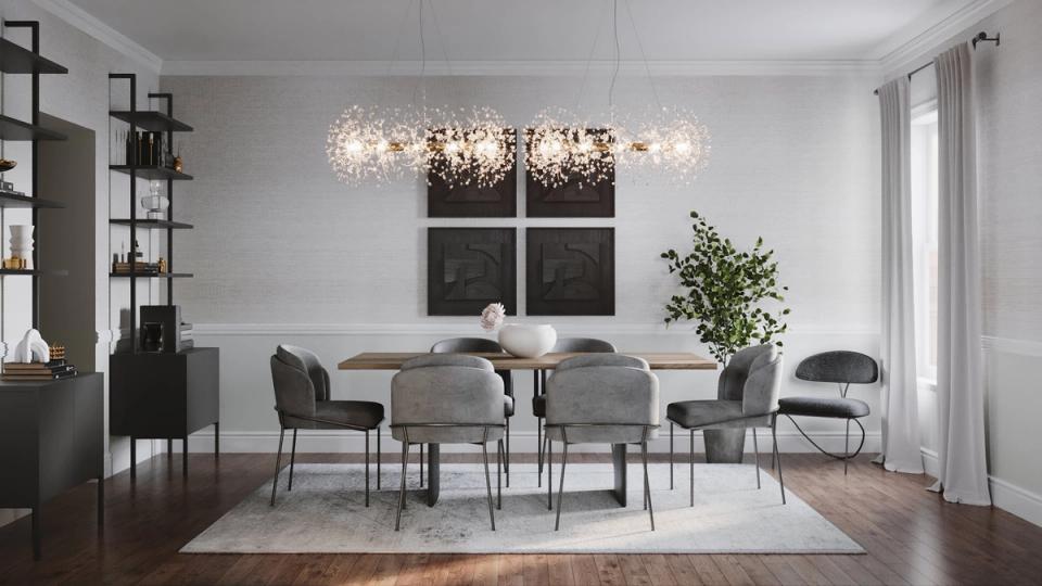 Contemporary dining room with black accent wall and sculptural light fixture, blending minimalist elegance with warm metallics.