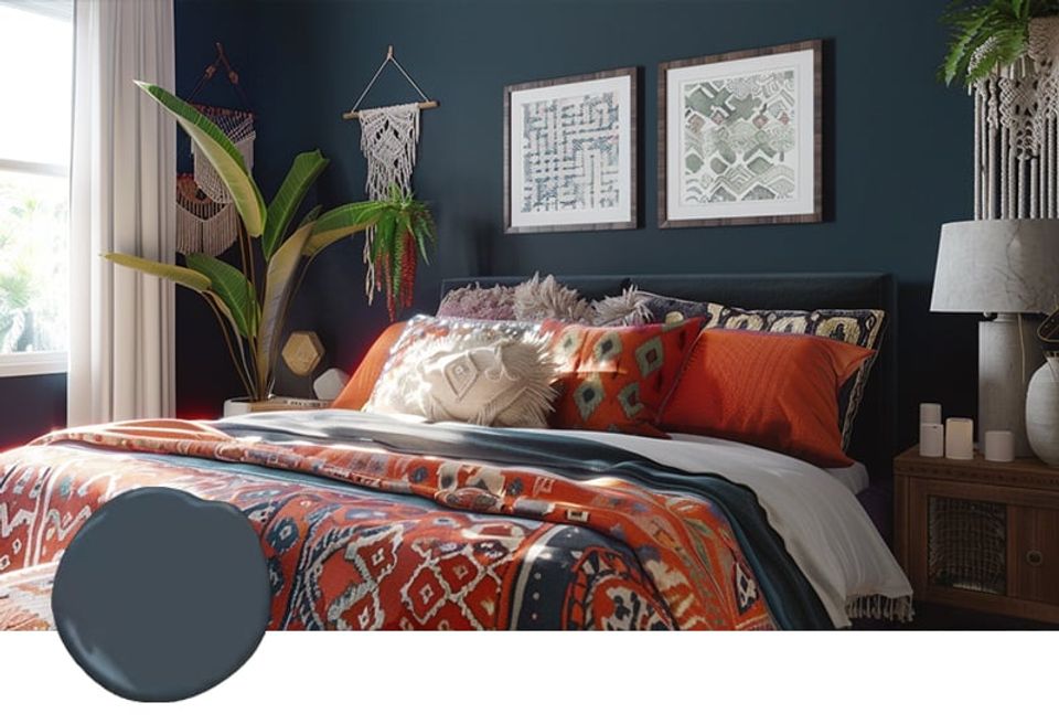 Eclectic bedroom featuring deep navy walls, vibrant rust and burnt orange bedding, botanical elements, and boho touches