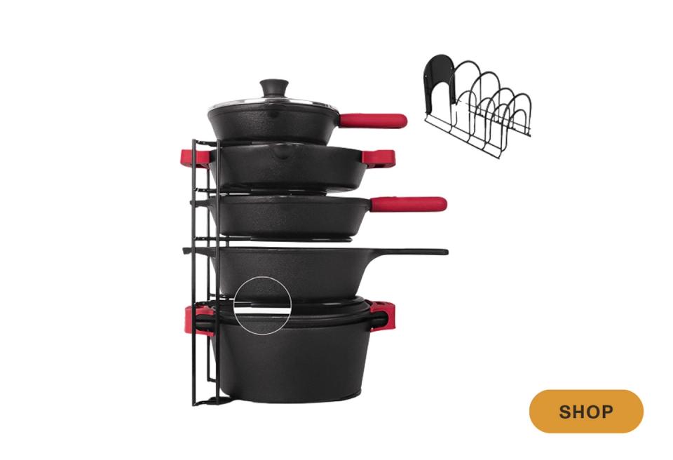 Industrial black cookware set with burgundy handles and metal organizer