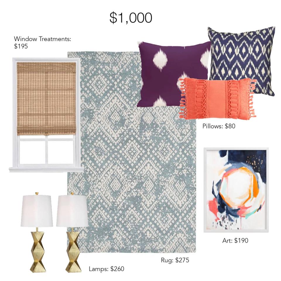$1,000 bedroom mood board: soft blue geometric rug, purple and coral accents, natural wood lamps, and abstract wall art