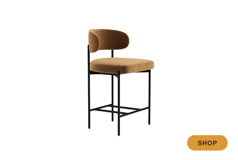 Contemporary bar stool with cognac leather seat and black metal frame legs