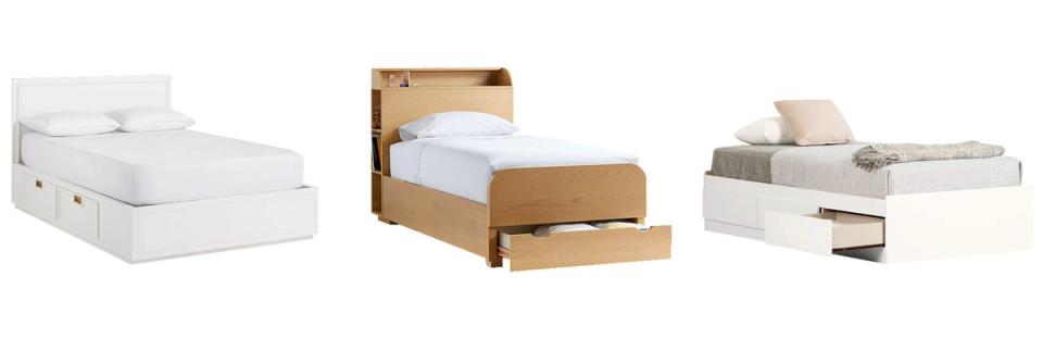 Three bed frame styles with integrated storage drawers for discreet toy organization underneath.