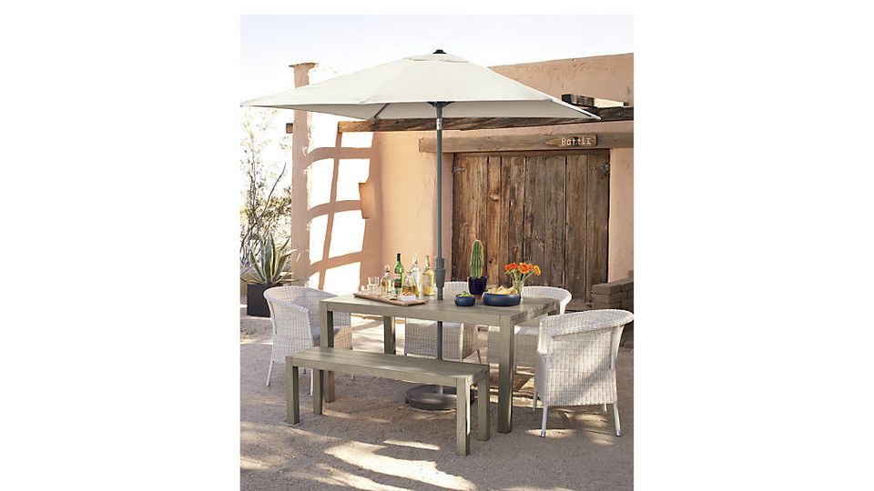 Scandinavian outdoor dining, natural wood tones, minimalist aesthetic