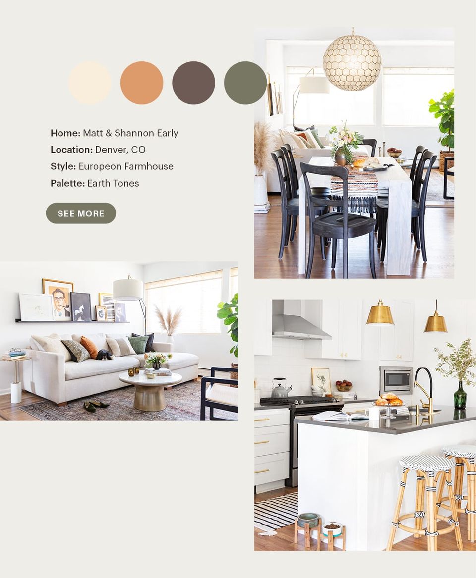 European farmhouse palette featuring warm earth tones, soft whites, and sage green accents throughout bright, airy spaces