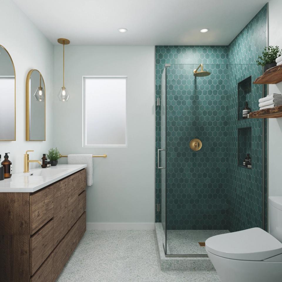 Balanced modern bathroom with deep teal accent wall, light neutral tones, wood vanity, and warm brass hardware