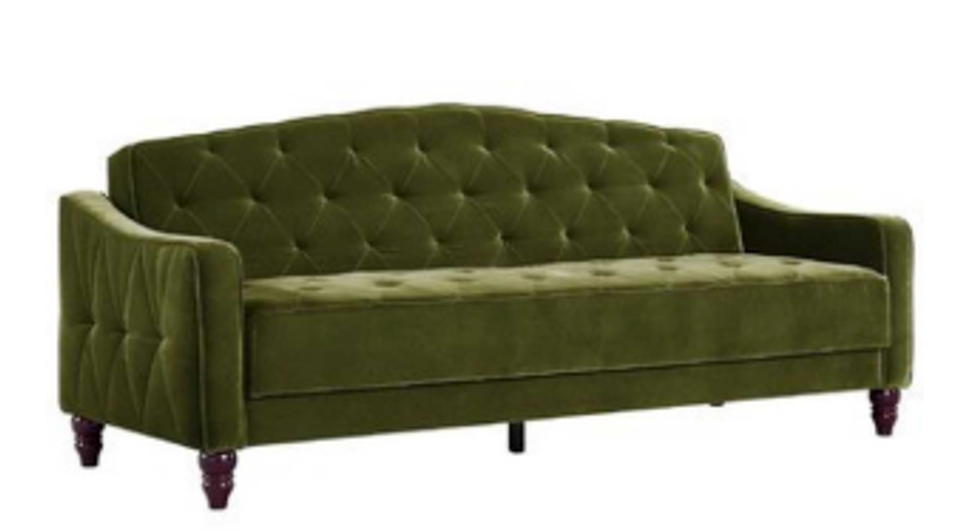Olive green velvet sofa with button-tufted back and rolled arms in classic mid-century modern style
