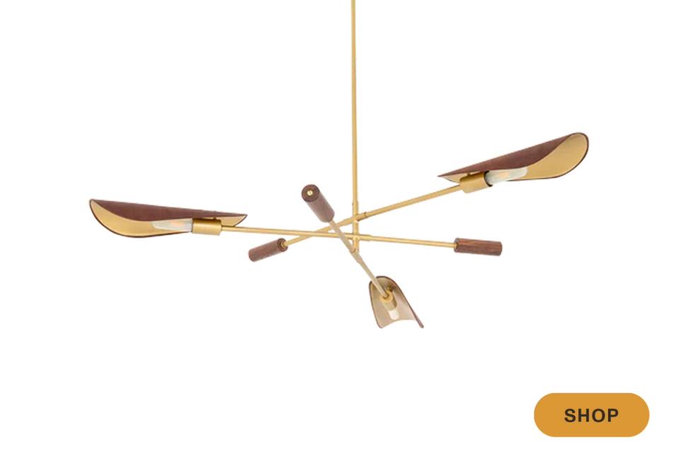 Mid-century sputnik chandelier with brass arms and wood accents, retro sculptural design