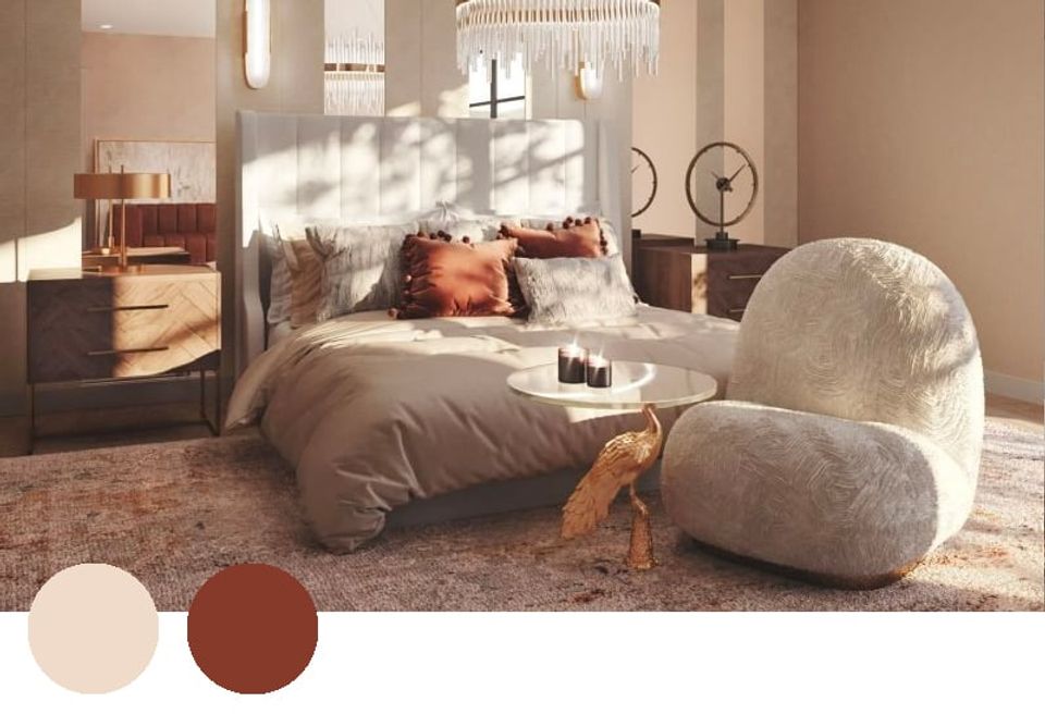 Warm minimalist bedroom in soft beige and rust tones with natural textures and serene, sunlit atmosphere.