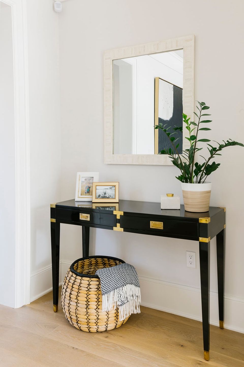Contemporary minimalist foyer with black console, cream mirror, and botanical accents