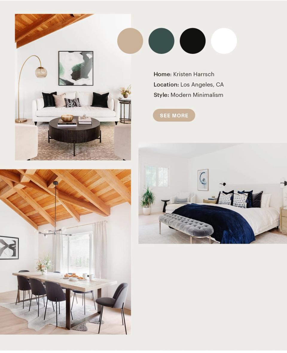 Modern Minimalist spaces with warm wood ceilings, teal-black-tan palette, and serene neutral-toned bedroom aesthetic
