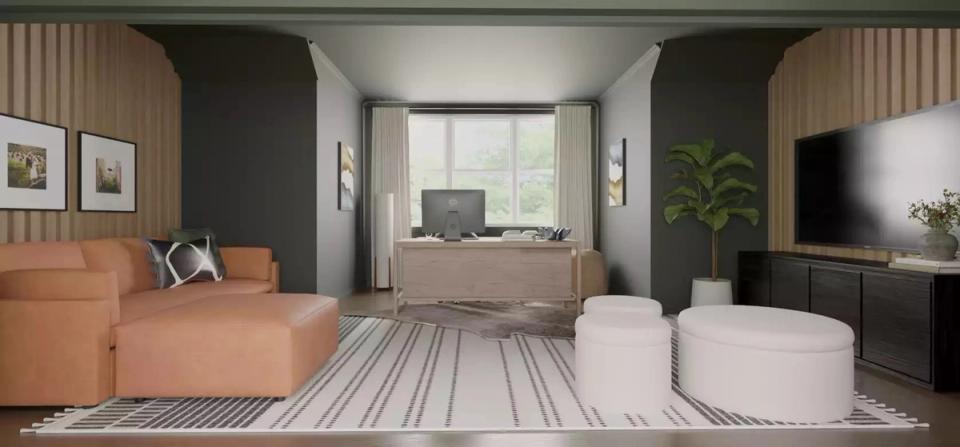 Contemporary dark academia space blending caramel leather, soft neutrals, and sophisticated black accents