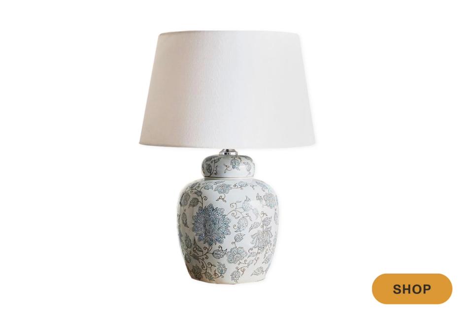 Ceramic table lamp with subtle mottled finish and cream linen shade