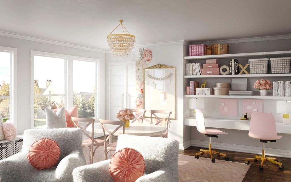 Soft, feminine study space with blush accents, beaded chandelier, and bright natural light throughout.