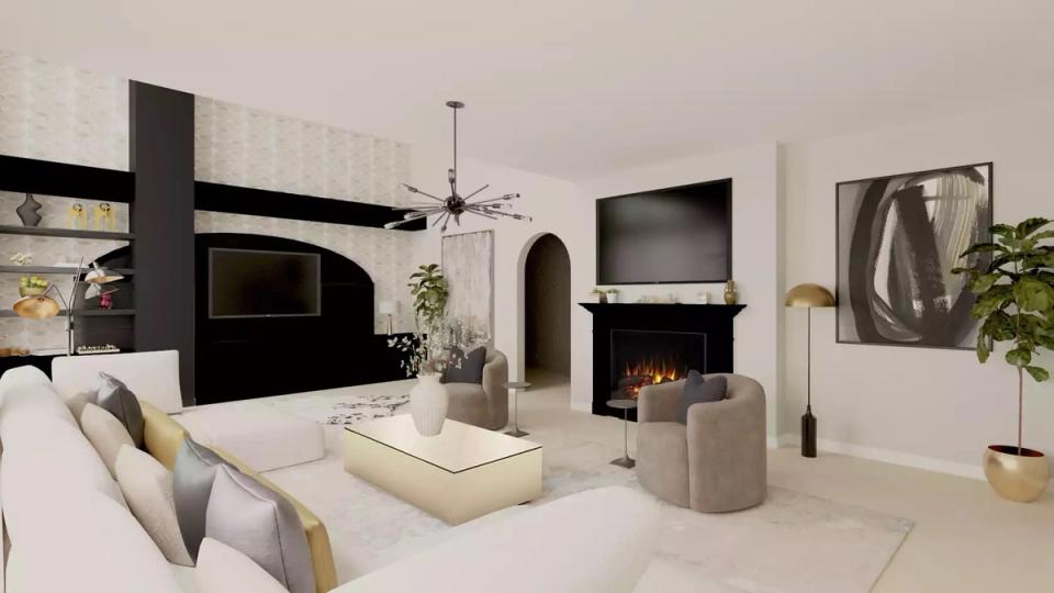 Contemporary dark academia space with black structural elements, cream palette, and fireplace drama