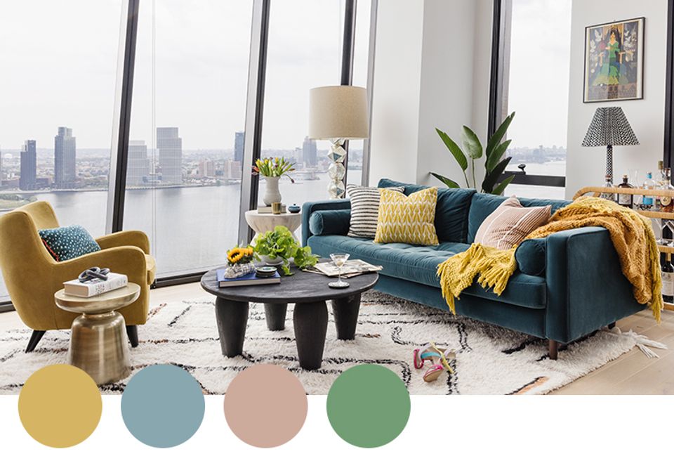 Modern living room blending mustard, teal, and muted sage