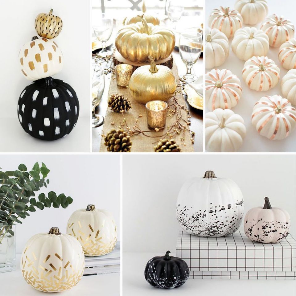 Elegant autumn pumpkin display: metallic gold, cream, and black patterned gourds with natural, sophisticated styling