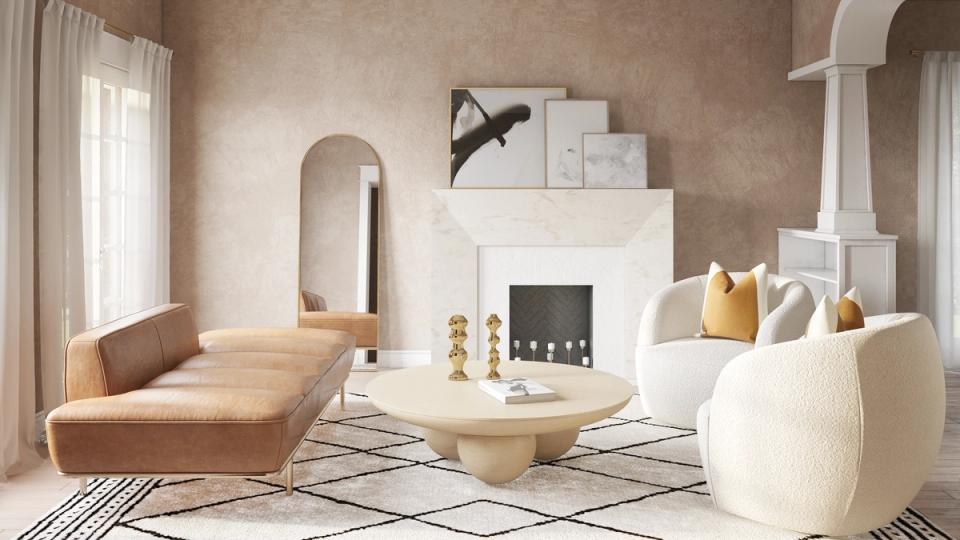 Warm minimalist living room with limewash textured walls, cream furniture, and natural wood accents