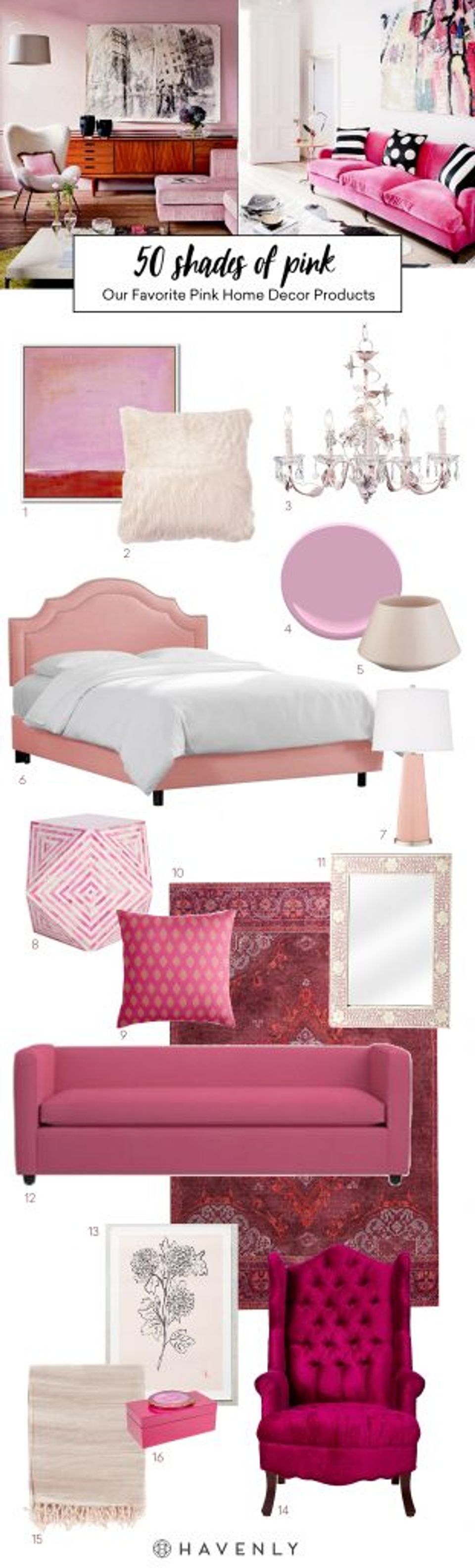 Pink palette design mood board showcasing varied pink tones from blush to magenta with decor