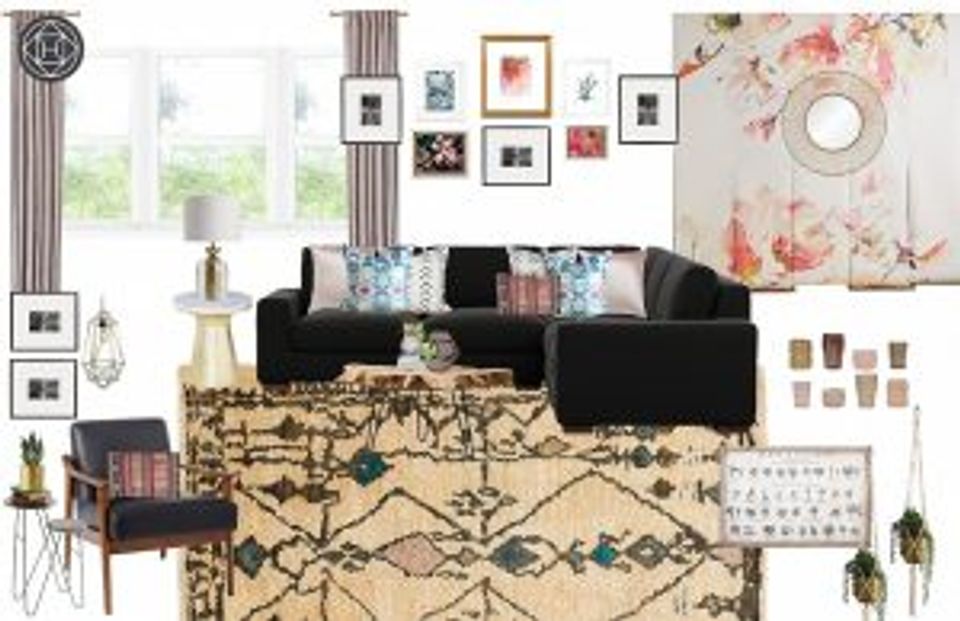 Eclectic living room mood board with black sofa, patterned rug, botanical art, and mixed textures