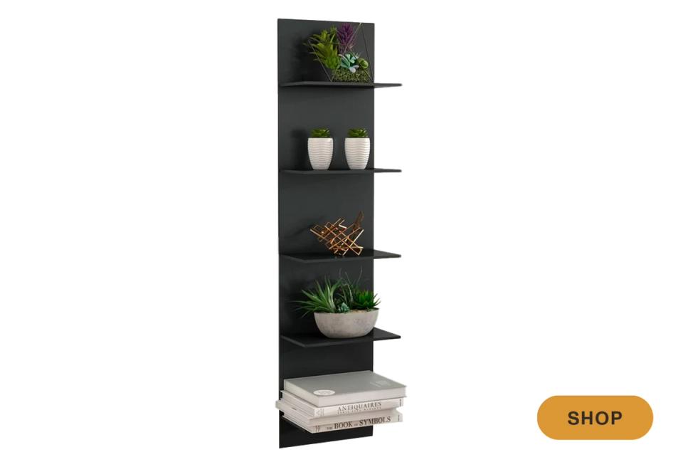 Tall black floating wall shelves with plants and modern decor styling