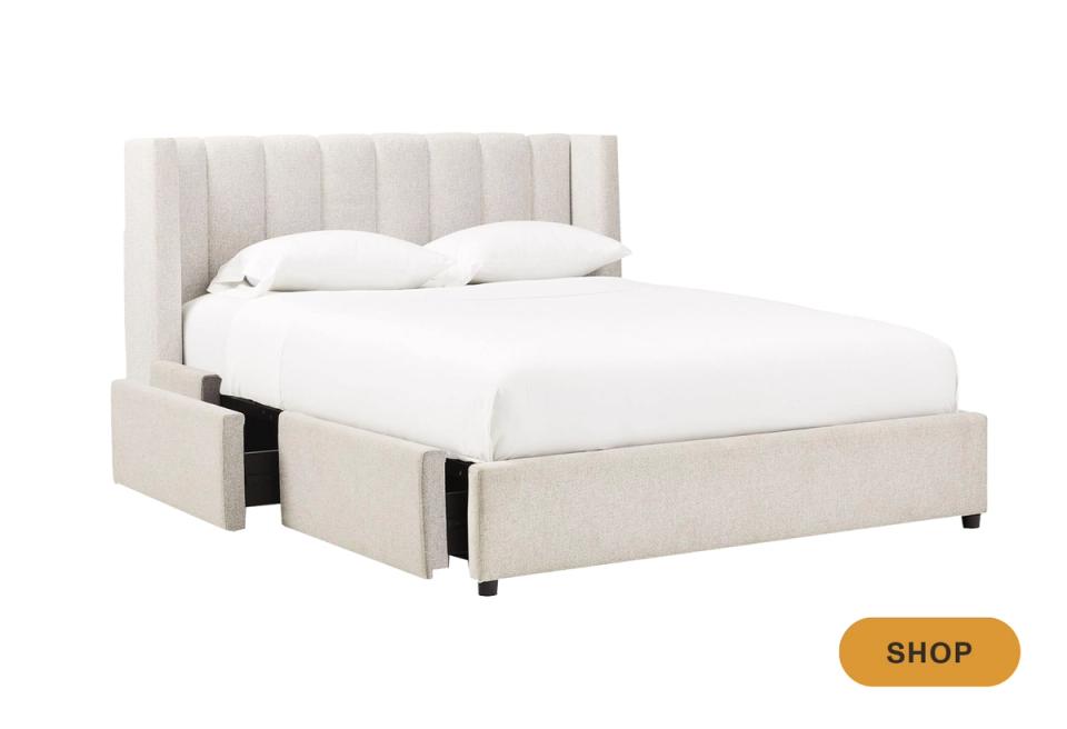 Modern cream channeled headboard bed with side storage drawers