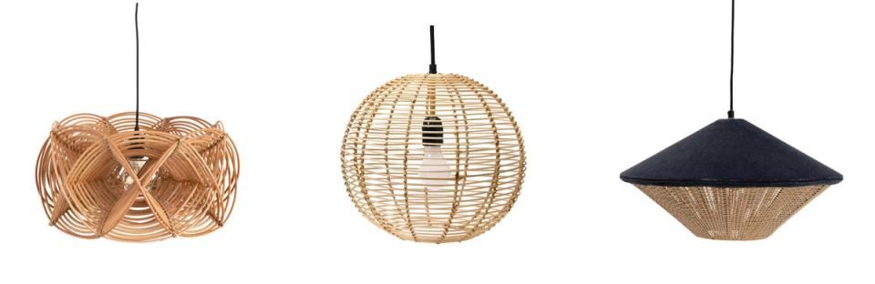 Three woven rattan pendant fixtures in varying bohemian shapes